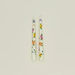 Ashley Myers Candles & Tapers^Floral Handpainted Taper Pair - White